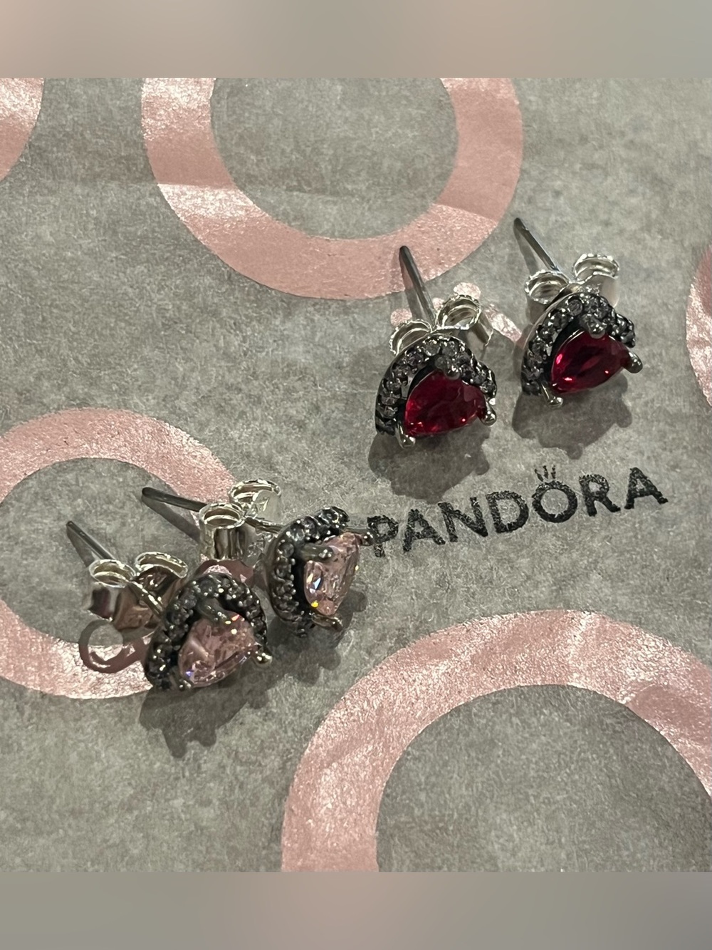 Pandora Heart Stud Earrings in Pink and Red Gemstones never wore
